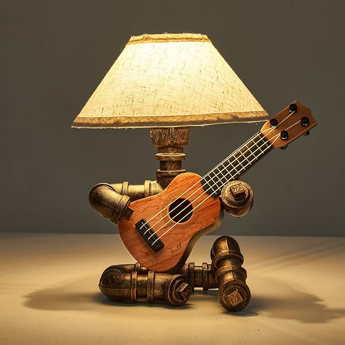 Vintage Industrial Robot Guitar Table Lamp with Bulb - Remote Control,Timer,Dimmable - Cool Gifts for Music Lovers,Men,& Musicians - Steampunk & Retro Style Bronze