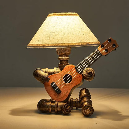Vintage Industrial Robot Guitar Table Lamp with Bulb - Remote Control,Timer,Dimmable - Cool Gifts for Music Lovers,Men,& Musicians - Steampunk & Retro Style Bronze