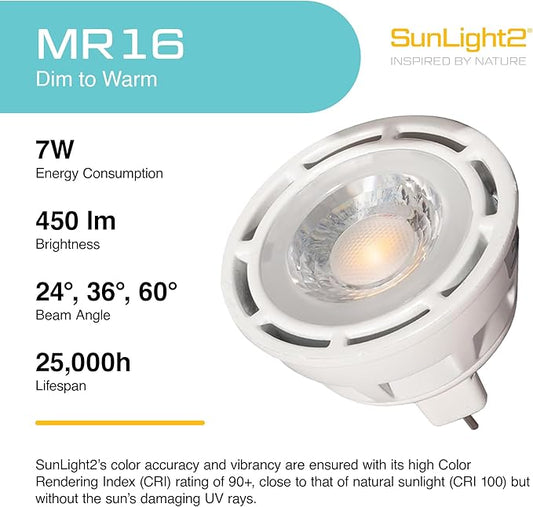 SunLight2® Premium Edition | MR16 LED Bulb 7W | 12V AC | 3000K to 1800K Dim to Warm | CRI 97+ | 36° Beam Angle GU5.3 Spotlight | White Finish | 4 Pack | Energy Efficient Flicker Free