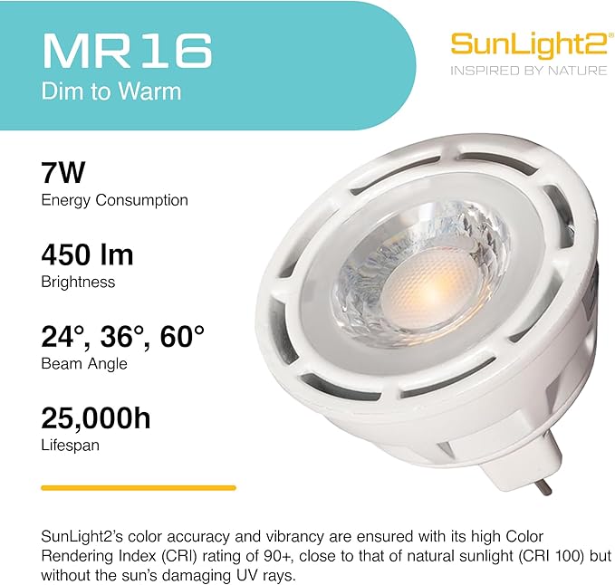 SunLight2® Premium Edition | MR16 LED Bulb 7W | 12V AC | 3000K to 1800K Dim to Warm | CRI 97+ | 24° Narrow Beam Spotlight | White Finish | 4 Pack | Energy Efficient Flicker Free