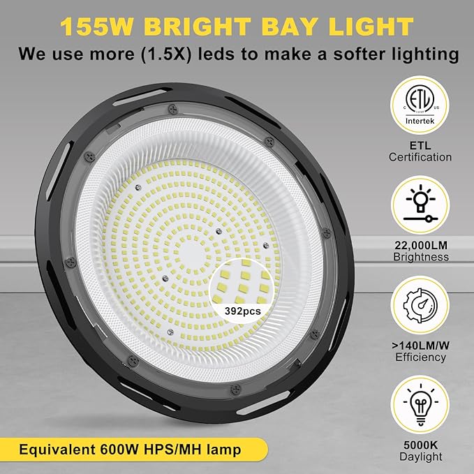 hunhun 6 Pack ETL 155W UFO LED High Bay Light, 22500lm, Daylight 5000K, US Plug,110-277V, IP65 Waterproof Commercial LED Shop Lights for Workshop Factory Barn Warehouse, Garage ETL Listed