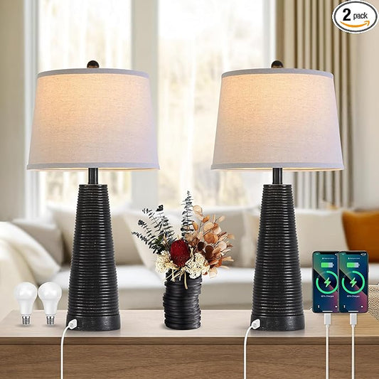 Terpsichore Nightstand Lamp Bedside Lamps Set of 2 Desk Lamp Vintage Rustic Farmhouse Table Lamp 3 Way Dimmable Light,Bulb*2,USB A+C Port (Black with Gold, High 27 Inch)