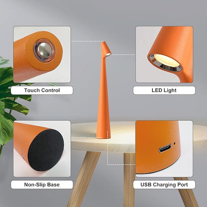 Cordless Small Table Lamps,3 Levels Brightness Portable Desk Lamp,Rechargeable Battery Lights for Outdoor, Restaurant, Bedside, Baby Night Light,Gifts(Orange)