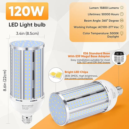 2 Pack 120W Corn LED Light Bulb Fanless,5000K Daylight(1200 Watt Equivalent) E26/E39 Large Mogul Base LED Cob Lamp 15,800LM for Outdoor Indoor Garage Warehouse Factory Workshop Street Backyard