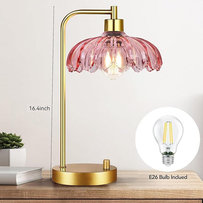 Pink Table Lamp Set of 2,Small Gold Bedside Lamps Dimmable Boho Bedroom Lamp with Flower Glass Lamp Shade,Vintage Mid Century Modern Mini Nightstand Lamp for Girls Kids Bedroom Living Room