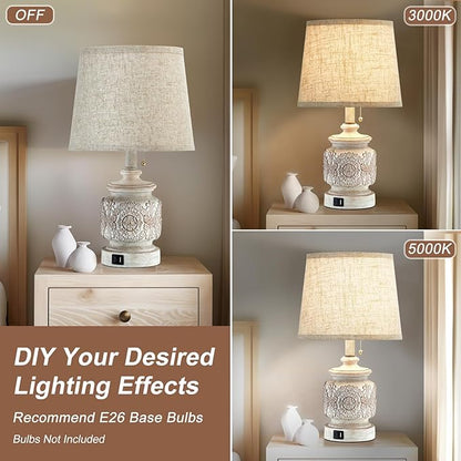 19.5" Farmhouse Vintage Table Lamps for Living Room Set of 2 Traditional Rustic Bedside Lamps for Bedrooms Nightstand with USB Ports Carved Floral Night Light Lamp for Office Decor,Pull Chain