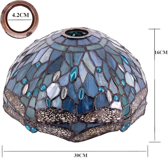 WERFACTORY Tiffany Lamp Shade Replacement 12X6 Inch Sea Blue Stained Glass Dragonfly Lampshade Only 1-5/8-Inch Fitter Opening for Arched Floor Lamp, Torchiere Lamp, Pendant Light S147 Series