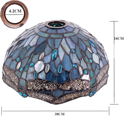 WERFACTORY Tiffany Lamp Shade Replacement 12X6 Inch Sea Blue Stained Glass Dragonfly Lampshade Only 1-5/8-Inch Fitter Opening for Arched Floor Lamp, Torchiere Lamp, Pendant Light S147 Series