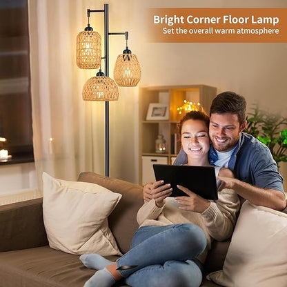 Boho Floor Lamp for Living Room Bedroom,Farmhouse Floor Lamps with 3 Rattan Wicker Shades,Rustic Black Vintage Standing Lamp Light 68" Tall Tree Floor Lamp for Office,Reading,Corner