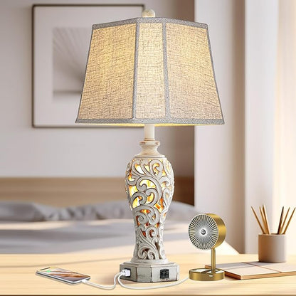 25'' Farmhouse Table Lamp for Living Room Bedroom, 2 USB Ports Vintage Rustic Nightstand Desk Lamp with Nightlight, White Hollow Out Resin Lamp for End Table (Bulb Included)