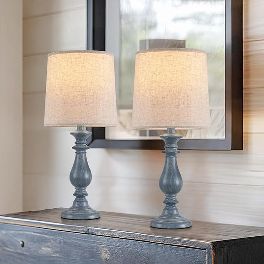 Lamps Set of 2 Vintage Rustic Farmhouse Table Lamps Bedside Reading Lamp Bedroom Nightstand Living Room Teapoy Lamp, Desk Light, 22 Inch High, Navy Blue, with Fabric Shade, Bulb Not Included