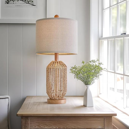 OYEARS 21" Boho Table Lamps Set of 2 for Living Room, Bedside Lamps for Nightstand, Rattan Lamp for Bedroom, Farmhouse Table Lamps for Boho Decor, End Table, Retro, Brown