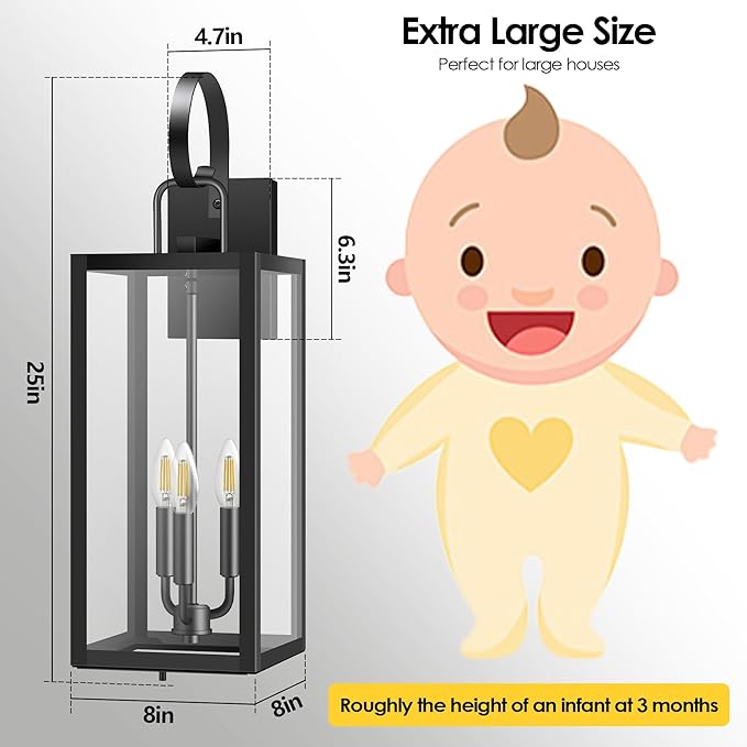 25'' Extra Large Exterior Lighting Fixtures with Closed Bottom, 2-Pack Waterproof Anti Rust Modern Front Porch Light, Outdoor Sconce Lights with E12 Socket, for Big House Garage Supermarket Factory