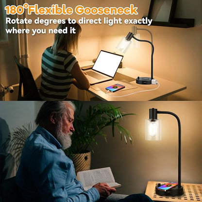Industrial Table Lamp with Wireless Charing, Fully Stepless Dimmable Lamps Nightstand Lamps, Desk Lamp with Glass Shade Reading Lamp for Office Living Room (Black)