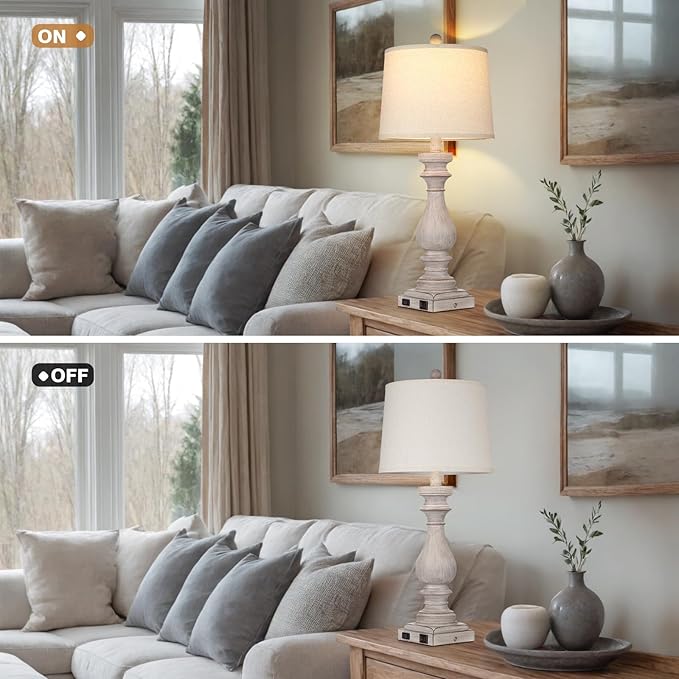 29" Farmhouse Table Lamp for Living Room,Vintage Bedside Lamp with USB C+A Ports & AC Outlet,3-Way Dimmable Touch Control Gray Washed Finish Nightstand for Bedroom, Single Gray