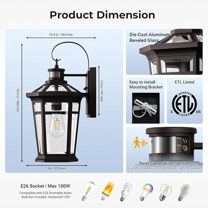 VIANIS Large Motion Sensor Porch Light, Dusk to Dawn Outdoor House Lights Wall Mount Sconce, Oil Rubbed Bronze Exterior Lighting Fixtures, 100% Anti-Rust Aluminum Outside Wall Lights for House, Garage