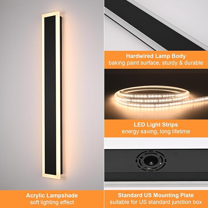 2 Pack Outdoor Long Wall Lights 60In Modern Exterior LED Linear Wall Sconce, Black Wall-Mounted LED Outdoor Linear Lighting Fixture IP65 Waterproof Exterior Garage Lights for Courtyard Porch