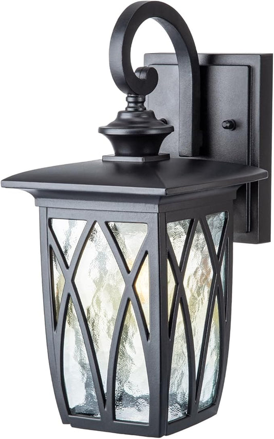 JYZ Outdoor Porch Light Wall Mount,14'' Exterior Waterproof Wall Lighting Fixtures,Wall Sconce Light with E26 Socket & Water Ripple Glass Shades, Matte Black Outside Wall Lantern for Patio Front Door