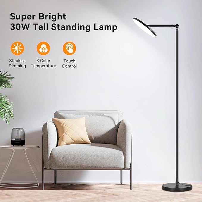 Floor Lamps for Living Room, 30W Super Bright LED Floor Lamp, Stepless Dimmable Tall Standing Lamp, Torchiere Floor Lamps with Touch Control, Modern Floor Lamp for Bedroom, Office