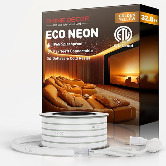 Shine Decor LED Rope Lights AC 120V, Connectable & Cuttable Dotless 120LEDs/M Eco Neon Strip Lighting, ETL IP65 Waterproof & Weather-Resistant for Home Commercial, 8x16mm, Gold, 32.8FT