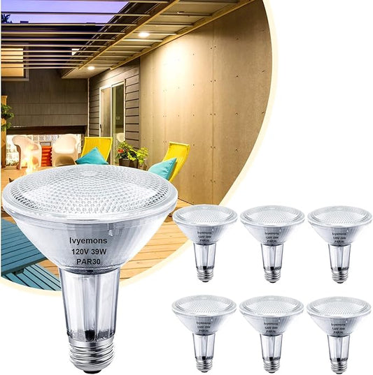 PAR30 Long Neck Halogen 39W - 6 Pack PAR30 Flood Light Bulbs E26 Base, PAR 30 Dimmable 2800K Warm White, Long Lasting PAR 30 Halogen Bulb for Accent Lighting, Tracking Light, Recessed Lights