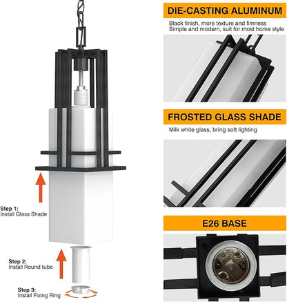 Outdoor Pendant Light Fixture - Aluminum Exterior Hanging Lantern, Outdoor Hanging Light with Black Adjustable Chain Outdoor Pendant Lights for Porch Patio (Max 44.09''H, 1 pc)