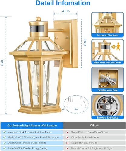 VIANIS Gold Outdoor Wall Lights with Motion Sensor, Dusk to Dawn Outside Porch Lights Lantern, Waterproof Weather Resistant Exterior Lights for House, Doorway, Garden, Home with Clear Glass Shade