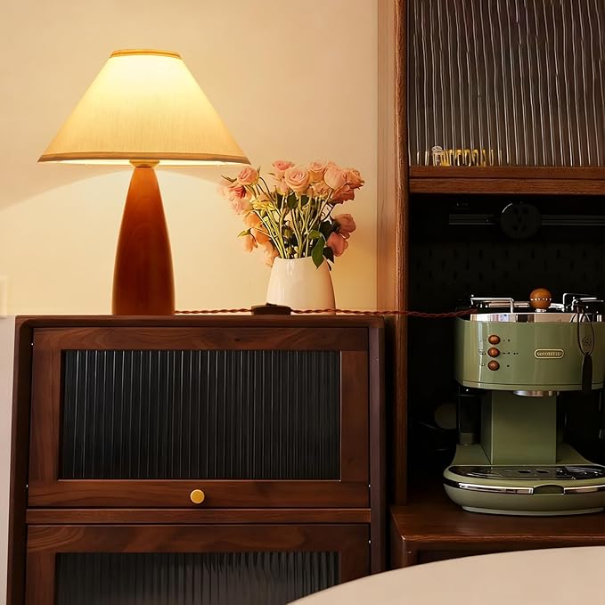 Bedside Table Lamp for Bedroom, Mid-Century Modern Plug in Fabric Shade & Solid Wood Base Desk Lamp, Plug & Play Red Wood Nightstand Lamp for Living Room, Office 【Bulb Included】