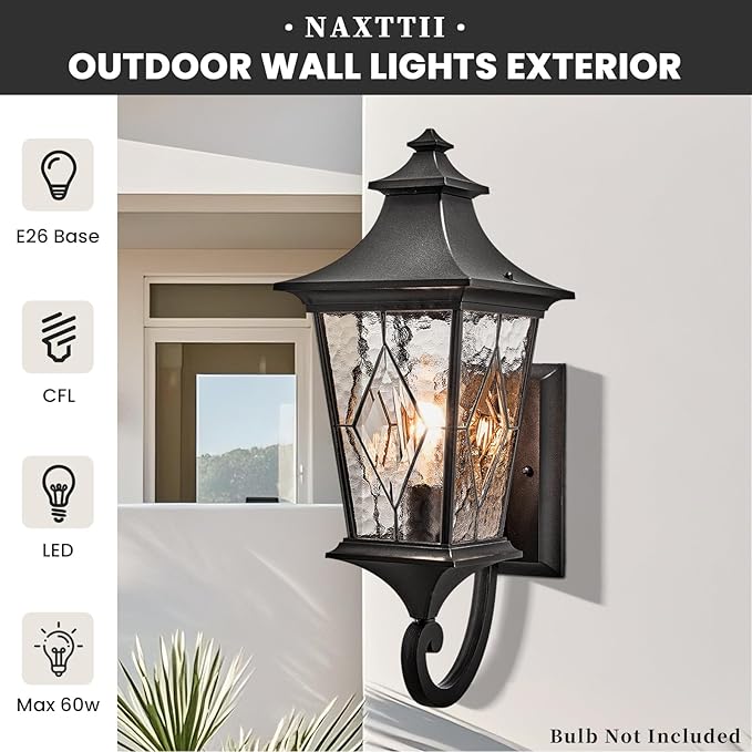Outdoor Garage Lighting Fixtures 14.6 Inch Outdoor Wall Sconce Light Waterproof Outdoor Light Fixtures Wall Mount with Water Ripple Handmade Glass for Porch 2-Pack E26 Socket