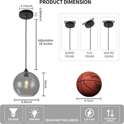 Grey Glass Pendant Lights Kitchen Island Lighting Modern Globe Pendant Light Fixtures Modern Pendant Lights for Kitchen Island Bedroom Living Dining Room Light Fixture-9.8inch,2Pack