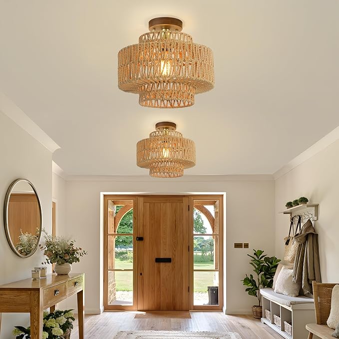 Boho Rattan Lamp Shades for Pendant Light Chandelier Floor Lamps Replacement,Rustic 3-Tier Drum Lamp Shade with Hand-Woven Rattan for Living Room Kitchen Dining Room Office Hotel.