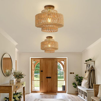 Boho Rattan Lamp Shades for Pendant Light Chandelier Floor Lamps Replacement,Rustic 3-Tier Drum Lamp Shade with Hand-Woven Rattan for Living Room Kitchen Dining Room Office Hotel.
