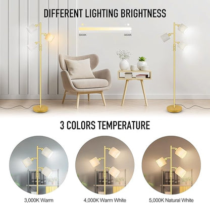 Gold Floor Lamps for Living Room, 3 Color Temperature, 3 Light Tree Standing Lamp, Minimalist Corner Floor Lamp with Lamp Shades Modern Pole Lamp for Bedroom Office Kids Room, Reading (5W LED Bulbs)