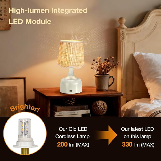 Cordless Boho Table Lamp Beige, Wicker Shade, 5200-mAh Rechargeable Battery, 3-Way Dimmable, Build-in Integrated LED 320 Lumen Max, for Bedside Living Room