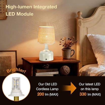 Cordless Boho Table Lamp Beige, Wicker Shade, 5200-mAh Rechargeable Battery, 3-Way Dimmable, Build-in Integrated LED 320 Lumen Max, for Bedside Living Room