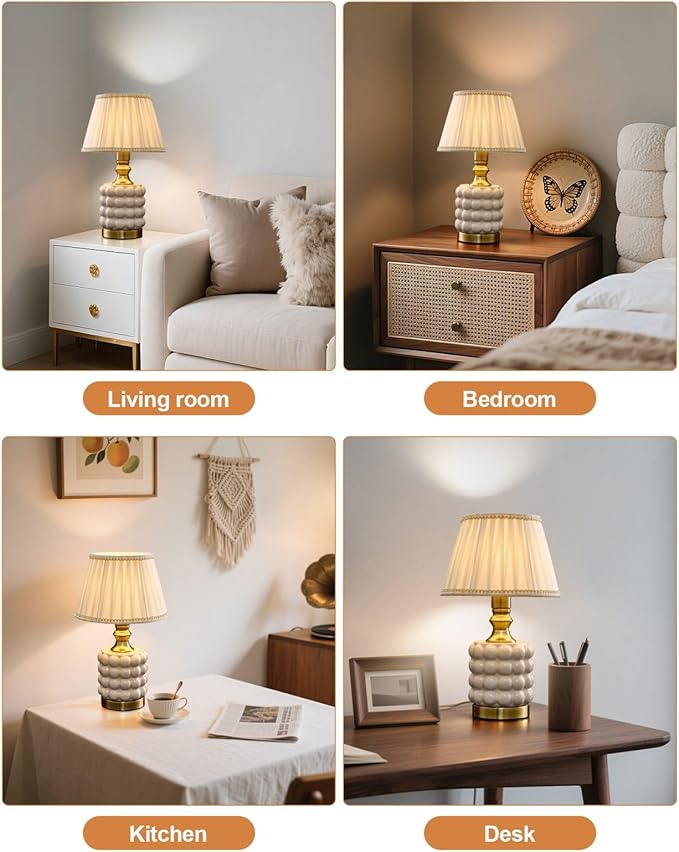 Vintage Lamp for Bedroom,Unique Lamps Cracked Ceramic lamp,UL Rotary Switch Control Pleated lamp Shade,Small Table lamp for Living Room Decor Kitchen Lighting (White+Pleated)
