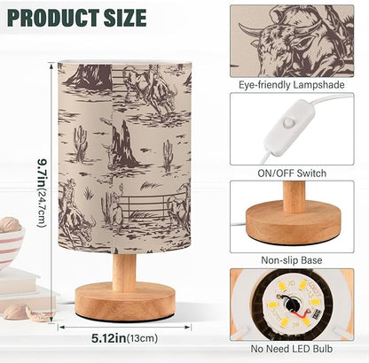 Bedside Lamp West Cactus Cowboy Table Lamp for Bedroom LED Nightstand Lamp Shade USB Ports Wood Base for Living Room Dorm Office