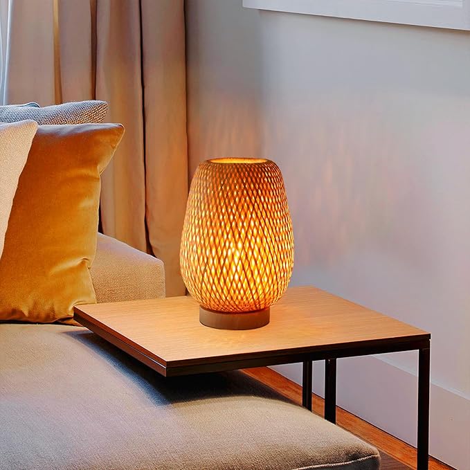 Bamboo Table Lamp for Bedroom,Boho Rattan Bedside Lamp, Vintage Wooden Wicker Nightstand Lamp Shade for Farmhouse, Desktop, Handmade Rustic Indirect Lighting