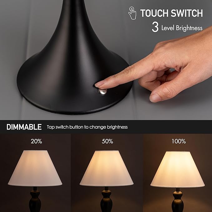 O'Bright Ember Cordless Table Lamp – Rechargeable, Touch Dimmable, Battery Operated, E26 LED Bulb, Type-C Fast Charging, Portable Lamp for Bedroom, Living Room, Office, Black