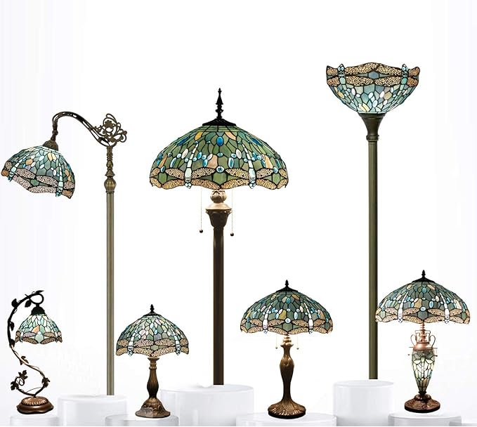 WERFACTORY Tiffany Lamp Shade Replacement 12X6 Inch Sea Blue Stained Glass Dragonfly Lampshade Only 1-5/8-Inch Fitter Opening for Arched Floor Lamp, Torchiere Lamp, Pendant Light S147 Series