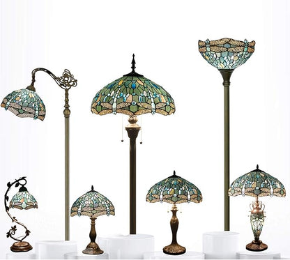 WERFACTORY Tiffany Lamp Shade Replacement 12X6 Inch Sea Blue Stained Glass Dragonfly Lampshade Only 1-5/8-Inch Fitter Opening for Arched Floor Lamp, Torchiere Lamp, Pendant Light S147 Series