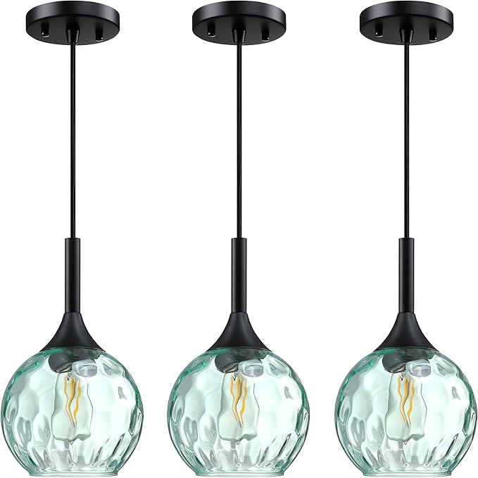6.3" Hammer Green Glass Pendant Light 3 Pack Pendant Ceiling Light Fixture Black Finish Modern Farmhouse Dinning Over Sink Adjustable Height Cord