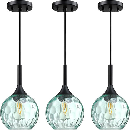 6.3" Hammer Green Glass Pendant Light 3 Pack Pendant Ceiling Light Fixture Black Finish Modern Farmhouse Dinning Over Sink Adjustable Height Cord
