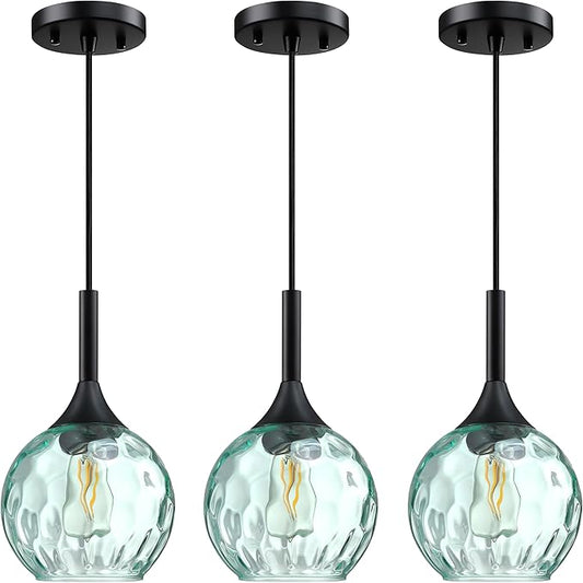 6.3" Hammer Green Glass Pendant Light 3 Pack Pendant Ceiling Light Fixture Black Finish Modern Farmhouse Dinning Over Sink Adjustable Height Cord