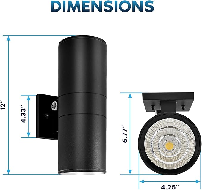 LUXRITE Dusk to Dawn LED Modern Outdoor Wall Lights, 12", Up or Up and Down Light, 3CCT 3000K-5000K, Waterproof Cylinder Wall Sconce, 18/24/30W, Dimmable, IP65, ETL, Black - Patio Garage (2 Pack)