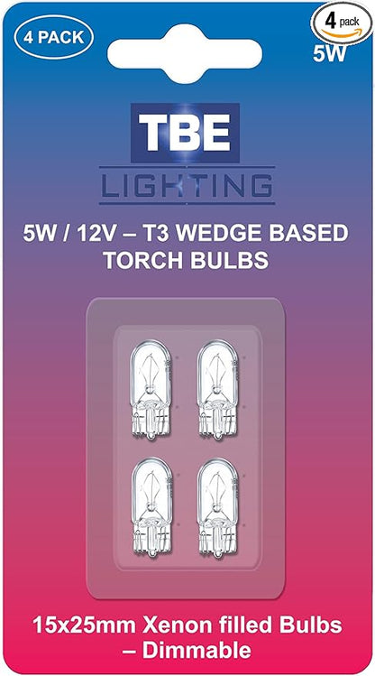 TBE LIGHTING Replacement 12 Volt, 5w T3 1/4 Wedge Base Xenon Bulbs, Pack of 4 Low Voltage Wedge Base Bulbs W5W for Landscape, RV and Cabinet Lighting T10 Dimmable Clear Bulb.