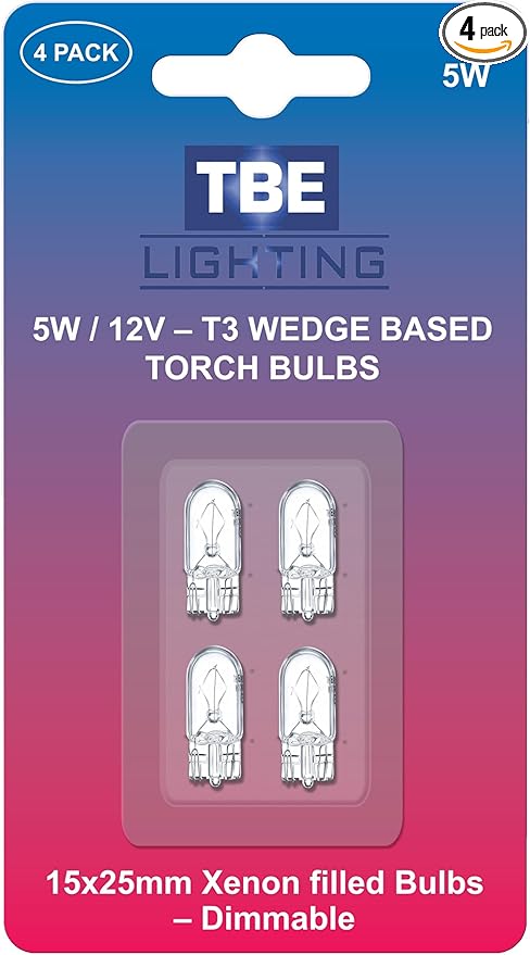 TBE LIGHTING Replacement 12 Volt, 5w T3 1/4 Wedge Base Xenon Bulbs, Pack of 4 Low Voltage Wedge Base Bulbs W5W for Landscape, RV and Cabinet Lighting T10 Dimmable Clear Bulb.