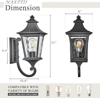 Outdoor Wall Lights 21 Inch Large Front Porch Light with Water Ripple Glass Black Exterior Light Fixture for House E26 Socket