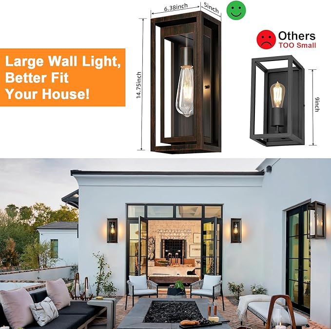 15" Large Outdoor Light Fixture Wall Mount, Distressed Brown Outdoor Sconce Lights, Modern Waterproof Exterior Porch Lights with Clear Glass Shade for Front Door, Garage, 1 Pack