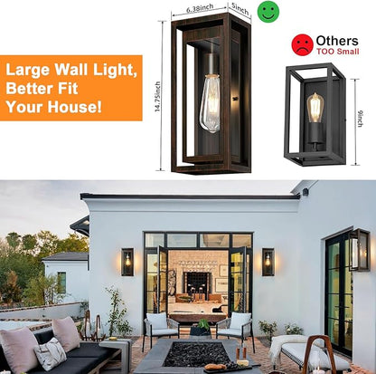 15" Large Outdoor Light Fixture Wall Mount, Distressed Brown Outdoor Sconce Lights, Modern Waterproof Exterior Porch Lights with Clear Glass Shade for Front Door, Garage, 1 Pack
